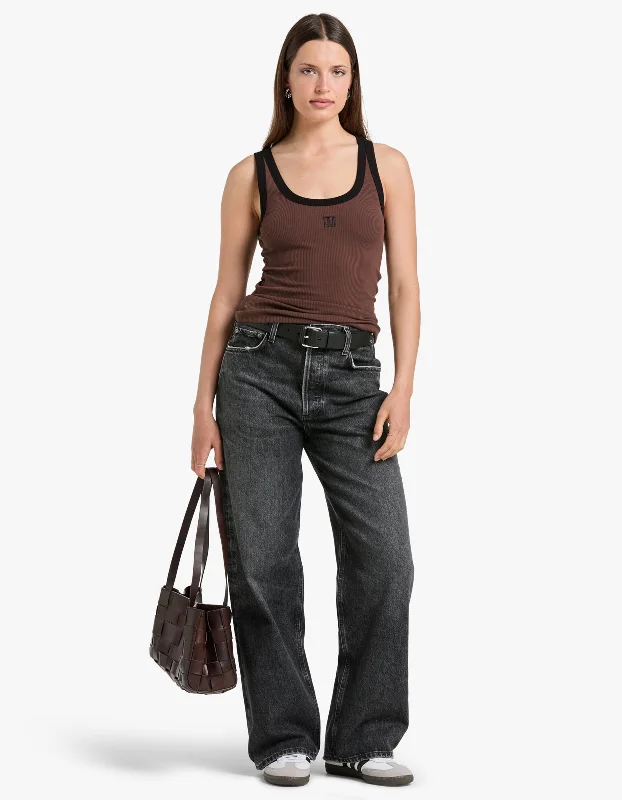 Nora Contrast Bind Scoop Neck Tank - Mocha Black fitted tank top