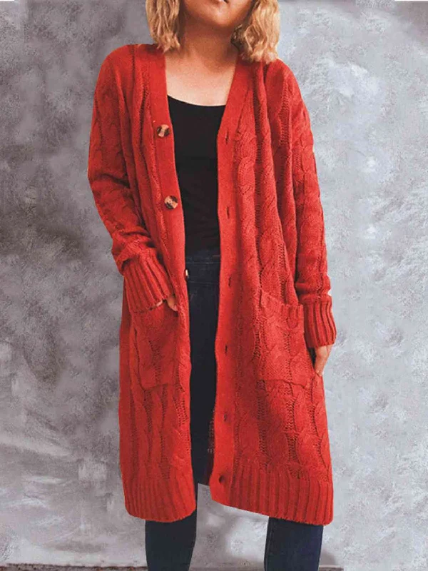Button Up Cable-Knit Cardigan with Pockets Zippered Buttoned Snapped