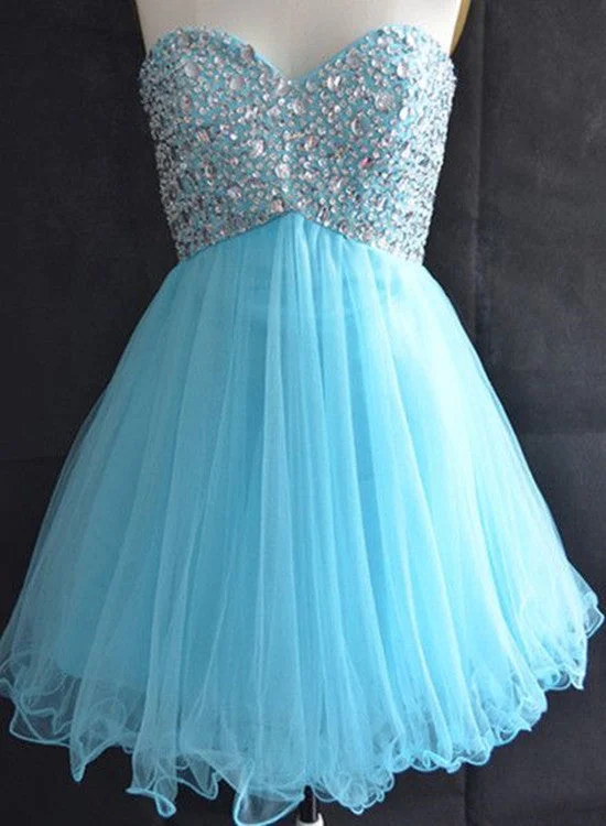 Cute Tulle Sweetheart Beaded Short Party Dress, Lace-up Junior Prom Dress, Blue Homecoming Dress Turtleneck Neckline Stylish Cute Tulle Sweetheart Beaded Short Party Dress, Lace-up Junior Prom Dress, Blue Homecoming Dress Turtleneck Neckline Stylish