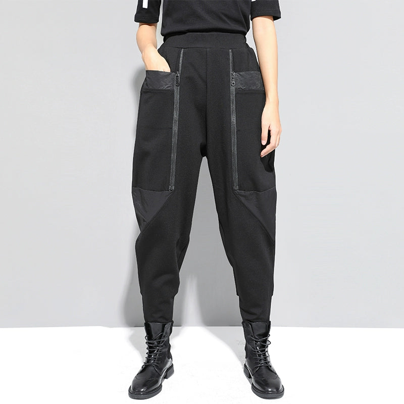 Thick Fleece Stitching Zipper Pocket Harem Pants Elegant Silk Pants