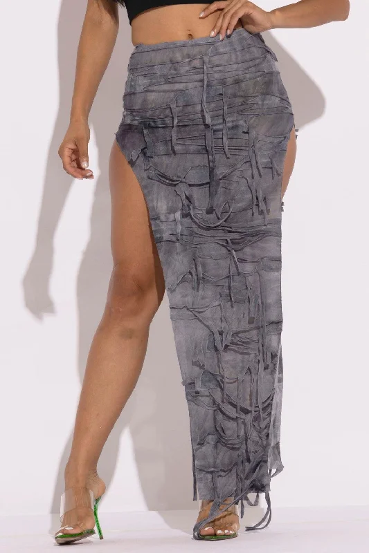 Distressed Thigh Grey Combo Slit Maxi Skirt velvet skirt glossy