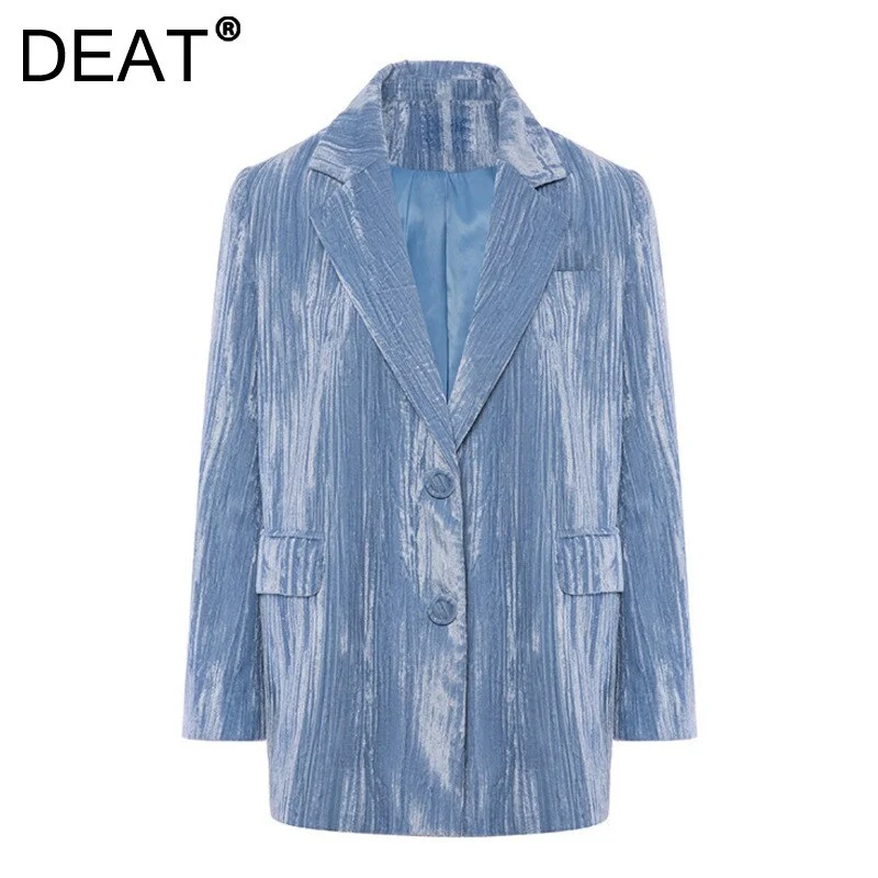 DEAT Woman Blazer Blue Tie Dye Corduroy Notched Collar Long Sleeve Loose Casual Style Jacket 2022 Autumn 15XF853 Toggled Jacket Drawstring Jacket Belted Jacket DEAT Woman Blazer Blue Tie Dye Corduroy Notched Collar Long Sleeve Loose Casual Style Jacket 2022 Autumn 15XF853 Toggled Jacket Drawstring Jacket Belted Jacket