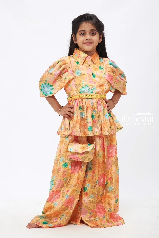 Golden Petal: Floral Printed Yellow Top with Palazzo Pant Set for Girls Classic Pleated Pants Golden Petal: Floral Printed Yellow Top with Palazzo Pant Set for Girls Classic Pleated Pants