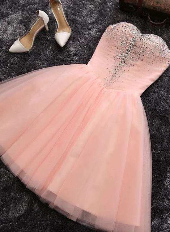 Pink Sweetheart Beaded Tulle Short Party Dress, Cute Formal Dresses , Woman Formal Dresses Tunics Practical easy-care