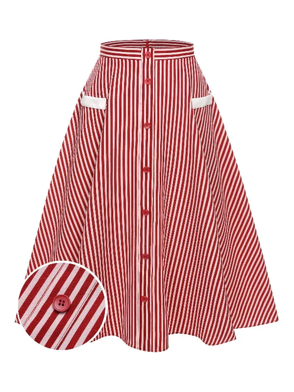 Red 1940s Buttoned Stripes Skirt lace skirt romantic