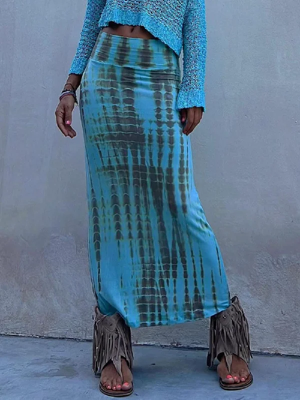 Tie-Dye Elastic Stylish Waist Maxi Skirt a-line skirt cut