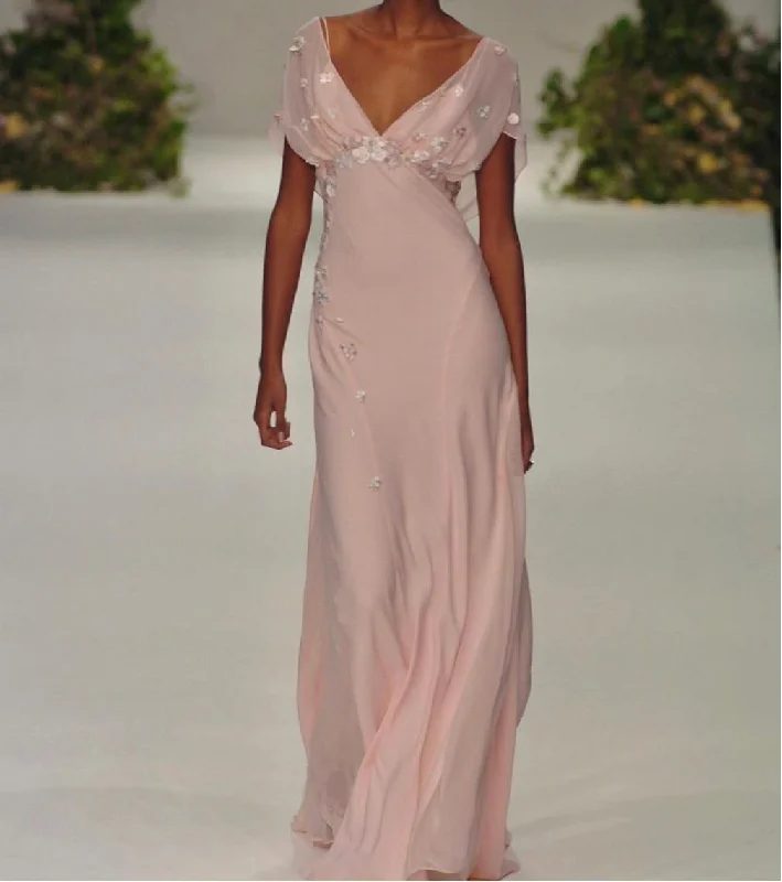 Retro Pink V Neck Sheath Chiffon Long Formal Prom Dress Vintage Party Dress, DP4831 Turtleneck Neckline Stylish Retro Pink V Neck Sheath Chiffon Long Formal Prom Dress Vintage Party Dress, DP4831 Turtleneck Neckline Stylish
