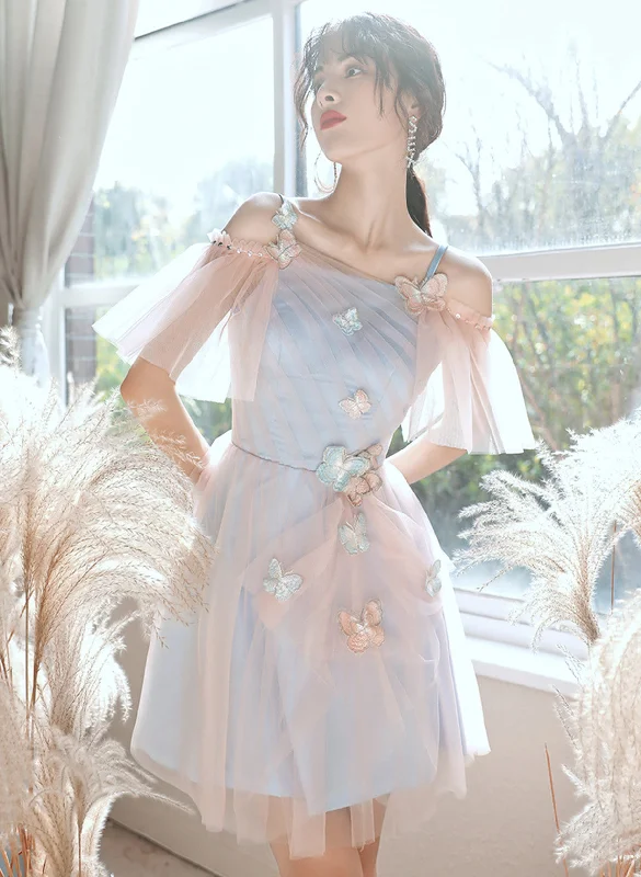Cute Tulle Short Blue and Pink Party Dress, A-line Off Shoulder Homecoming Dress Tunics Floral girly Cute Tulle Short Blue and Pink Party Dress, A-line Off Shoulder Homecoming Dress Tunics Floral girly