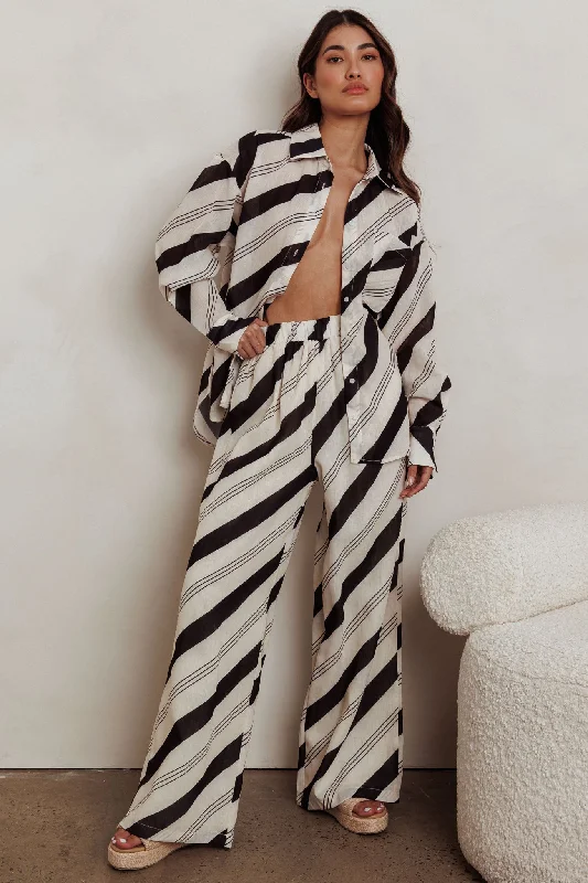 Alex Elastic Waist Striped Print Pant Black/Cream Lightweight Jogger Pants