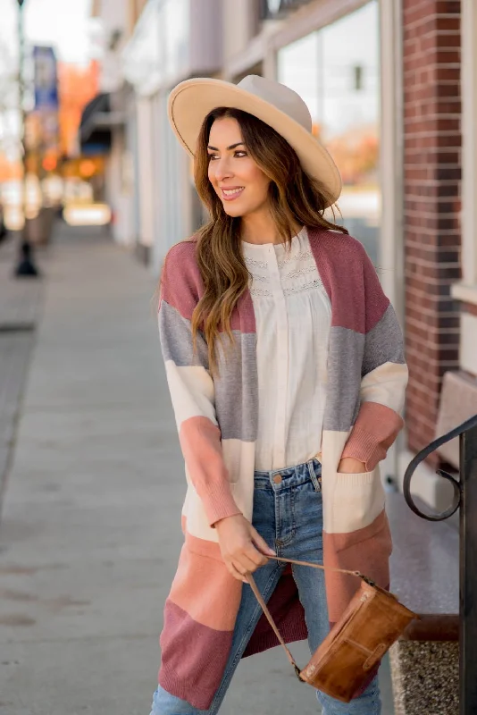 Ribbed Color Block Tunic Cardigan Bright Pastel Dark