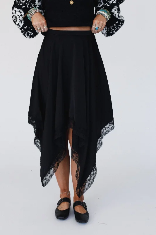 Moonlit Lace Midi Skirt - Black floral skirt print