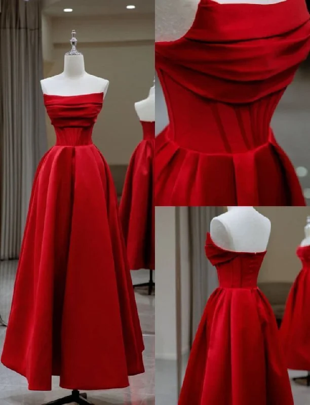 Elegant Strapless A-Line Red Satin Long Formal Party Dress Birthday Dress, DP4854 Chiffon Maxi Beach Elegant Strapless A-Line Red Satin Long Formal Party Dress Birthday Dress, DP4854 Chiffon Maxi Beach
