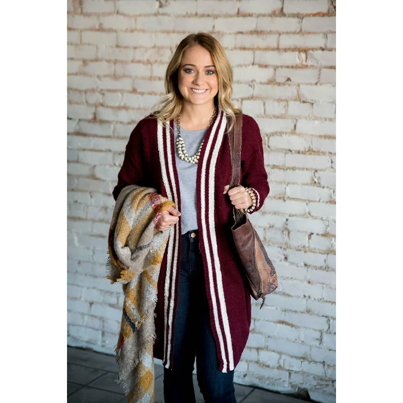 White Striped Accent Tunic Cardigan Zippered Buttoned Snapped