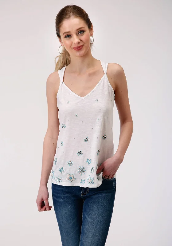 Roper Womens White 100% Cotton Beaded Stars S/L Tank Top fitness tank top