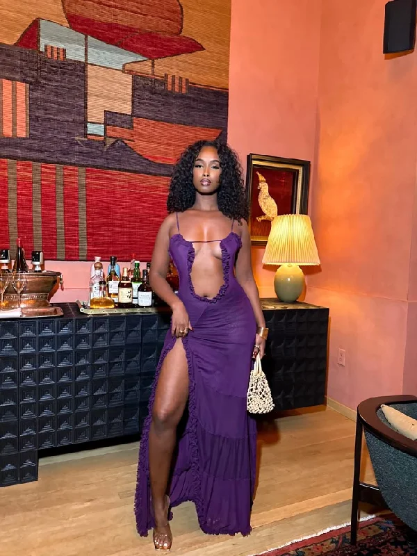 Sexy Slit Ruffles Party Dress,Purple Evening Dress cc2678 Tunics Gym athletic