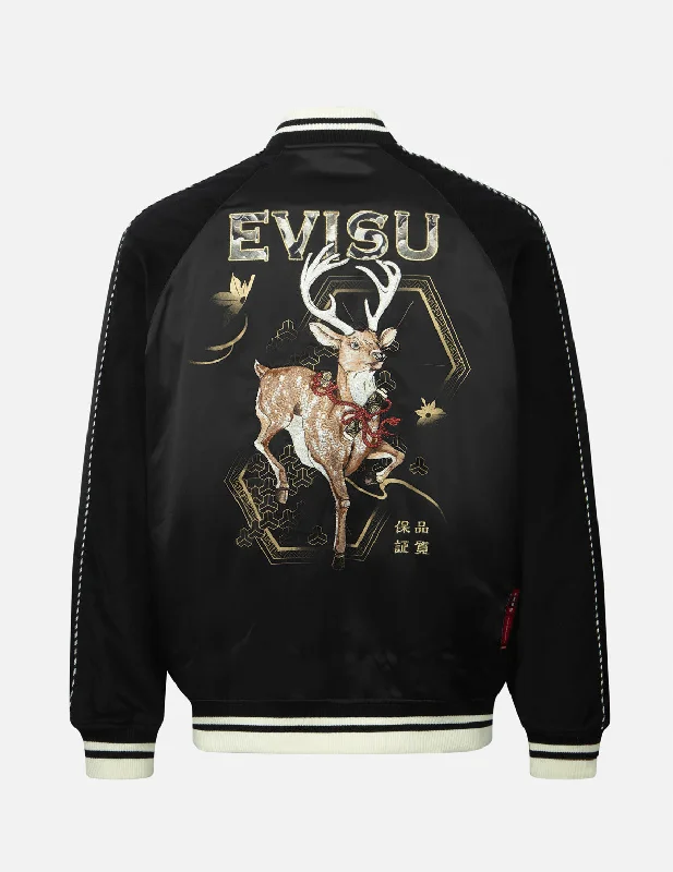 Deer and Logo Embroidery Loose Fit Souvenir Jacket Satin Fabric Silk Fabric Chiffon Fabric Deer and Logo Embroidery Loose Fit Souvenir Jacket Satin Fabric Silk Fabric Chiffon Fabric