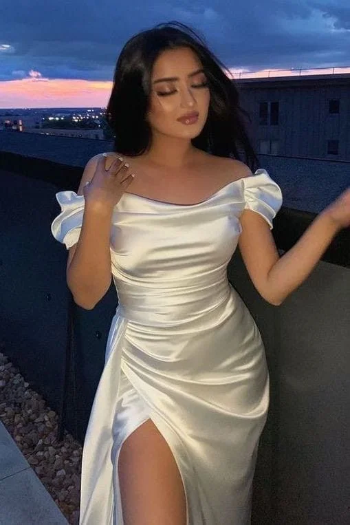 Elegant White Off Shoulder Sheath Satin Long Party Dress Light Wedding Dress, DP4809 Tunics Corduroy durable