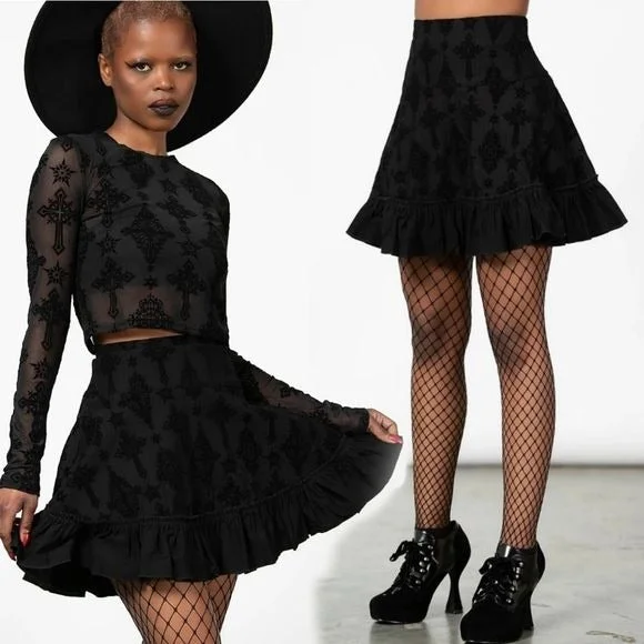 Amelie Flocked Mini Skirt | Black Ruffled Hidden Zipper cashmere skirt plush