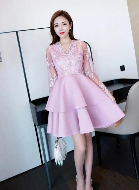Charming Pink Lace Long Sleeves Layers Homecoming Dress, Lovely Party Dress Tunics Bestseller popular Charming Pink Lace Long Sleeves Layers Homecoming Dress, Lovely Party Dress Tunics Bestseller popular