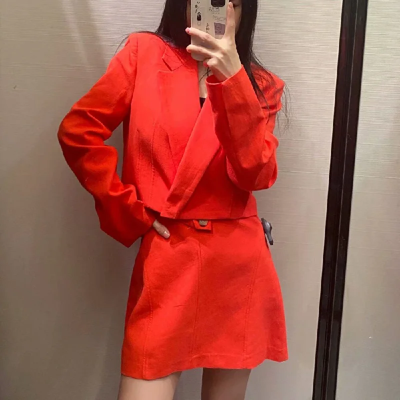 Women's spring 2022 suits red thin long sleeves lapel linen short suit jacket casual all-match mini skirt Zippered Jacket Buttoned Jacket Snapped Jacket Women's spring 2022 suits red thin long sleeves lapel linen short suit jacket casual all-match mini skirt Zippered Jacket Buttoned Jacket Snapped Jacket