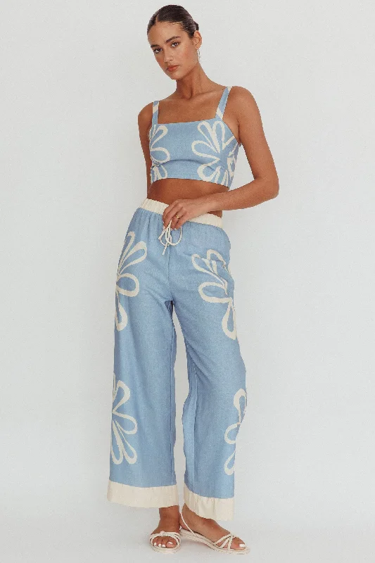 Briar Floral Wide Leg Pants Beige Blue Formal Linen Trousers