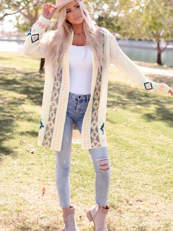 Apricot Aztec Patterned Open Front Sweater Cardigan Silk Blend Satin Velvet