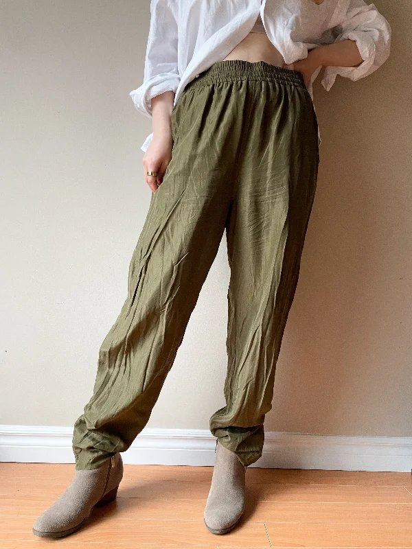 Vintage Olive Green 100% Silk Jogger Pants - Medium Fashionable Tapered Leg Pants