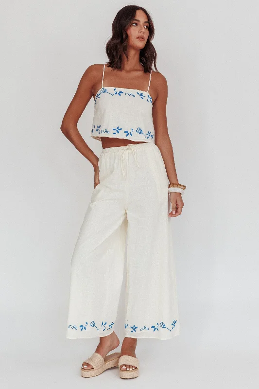Sorrento Summer Embroidered Wide-Leg Pants Beige Elegant Dress Pants
