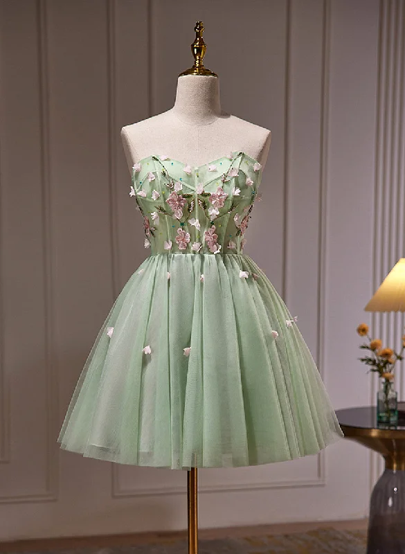 Green Tulle with Flowers Tulle Beaded Party Dress, Green Short Prom Dress Tunics Corduroy durable