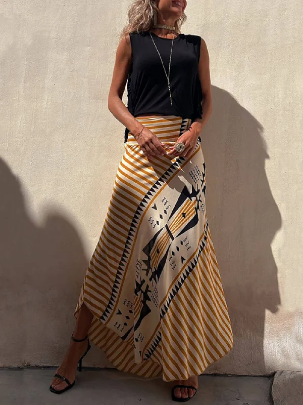 Geometric Print Elastic Charming Waist Maxi Skirt silk skirt lustrous