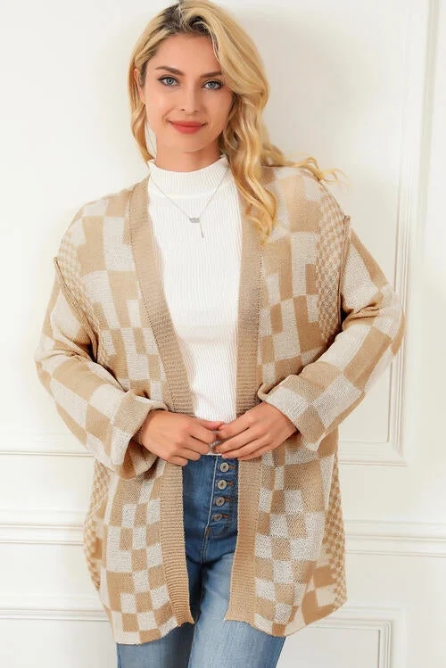 Checkered Open Front Cardigan Cashmere Blend Cotton Blend Poly Blend
