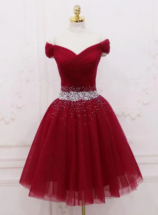 Dark Red Off Shoulder Knee Length Tulle Homecoming Dress, Wine Red Cute Party Dress Tunics Chic fashionable Dark Red Off Shoulder Knee Length Tulle Homecoming Dress, Wine Red Cute Party Dress Tunics Chic fashionable
