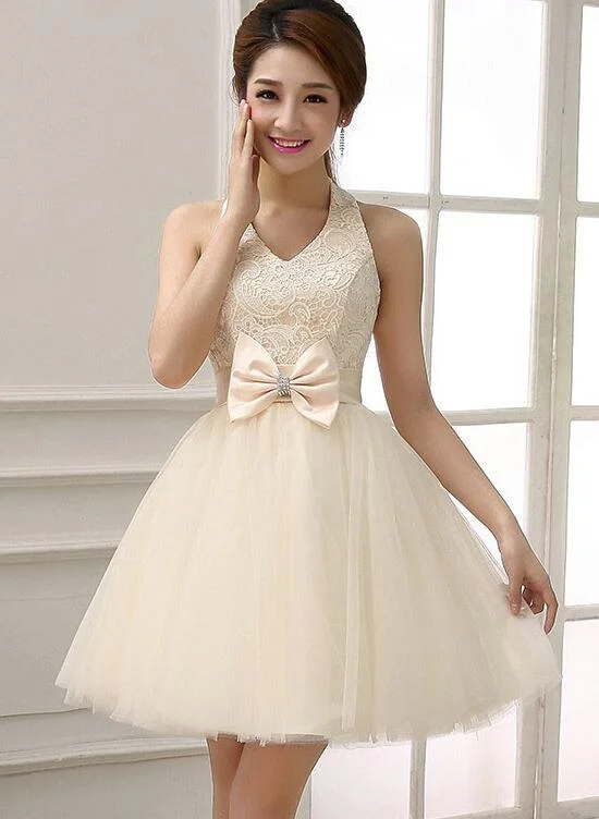 Champagne Halter V-neckline Knee Length Lace with Bow Party Dress, Champagne Homecoming Dresses Tunics Travel practical Champagne Halter V-neckline Knee Length Lace with Bow Party Dress, Champagne Homecoming Dresses Tunics Travel practical