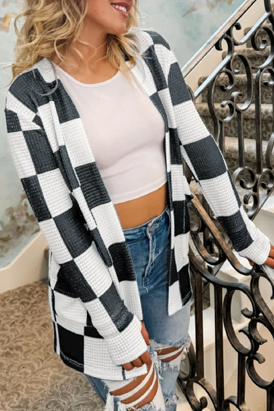 Checkered Waffle Knit Thumbhole Open Front Cardigan Knit Fabric Woven Fabric Fleece Fabric