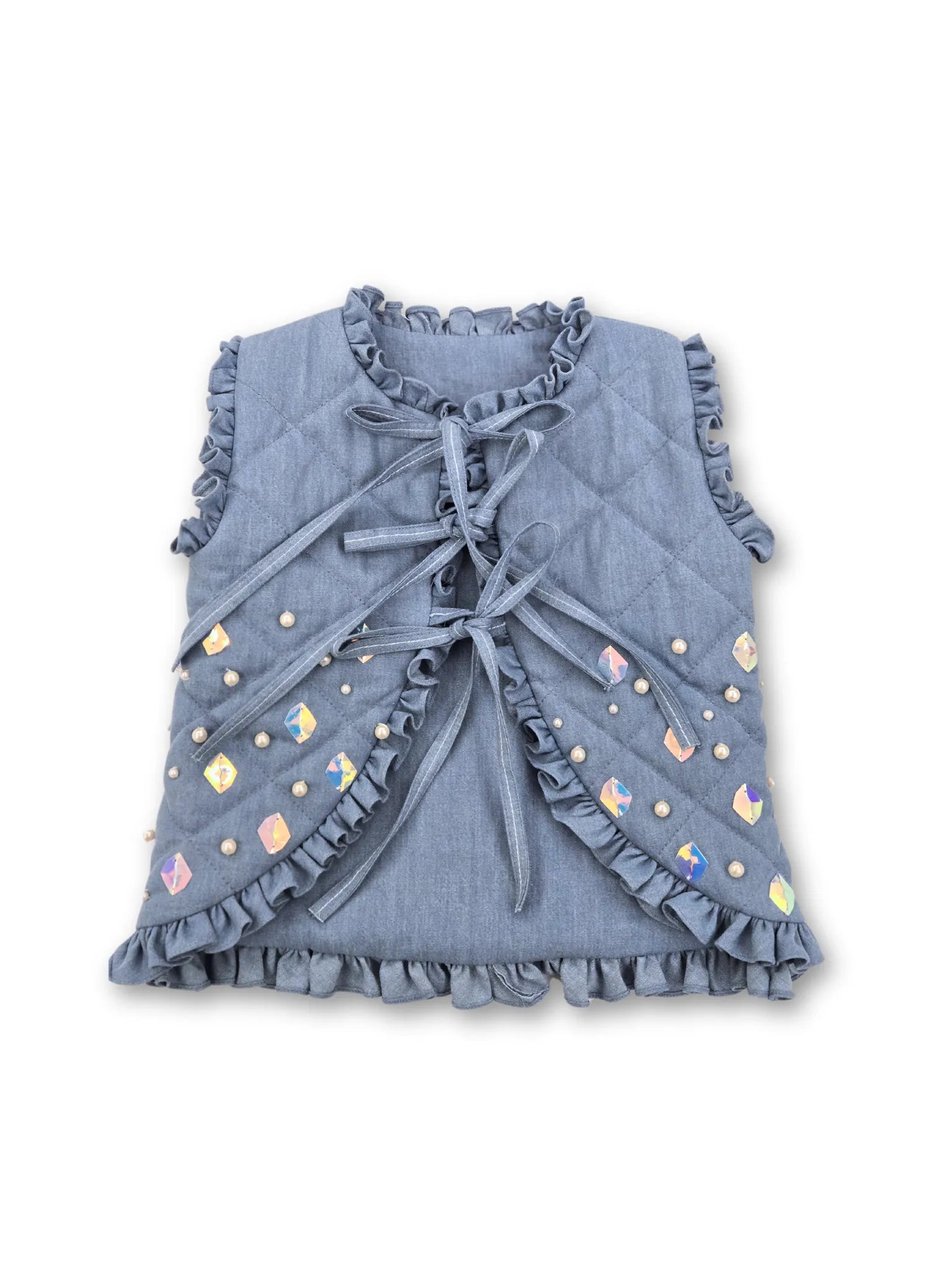 Embroidered Denim Girls Sleeveless Jacket Front Pockets Side Pockets Patch Pockets