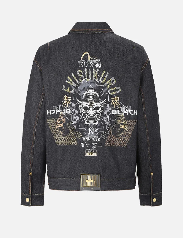 Hannya and Logo Embroidered Denim Jacket Welt Pockets Slit Pockets Flap Pockets