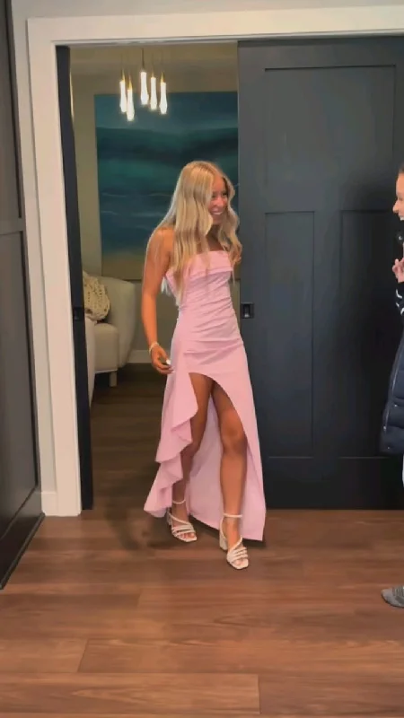 Pink Strapless Lovely Ruffle Party Dress with Split, DP2772 Tunics Sophisticated sleek Pink Strapless Lovely Ruffle Party Dress with Split, DP2772 Tunics Sophisticated sleek