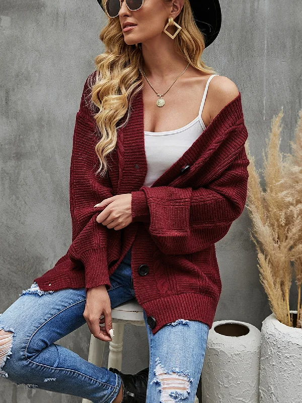 Cable-Knit Dropped Shoulder Cardigan Spandex Blend Rayon Blend Denim Blend