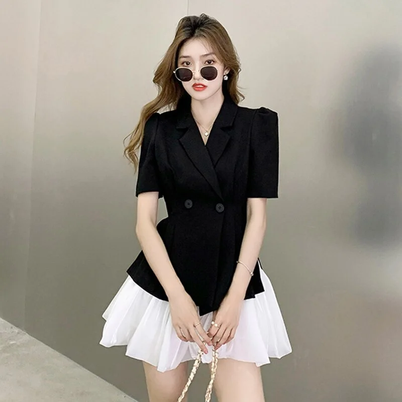 Vintage Short Sleeve Blazer Women Casual Mini A-Line Skirt Black Double Breasted Folds Split Jacket Coat 2 Pieces Set A-Line Jacket Boat Neck Shawl Collar Vintage Short Sleeve Blazer Women Casual Mini A-Line Skirt Black Double Breasted Folds Split Jacket Coat 2 Pieces Set A-Line Jacket Boat Neck Shawl Collar