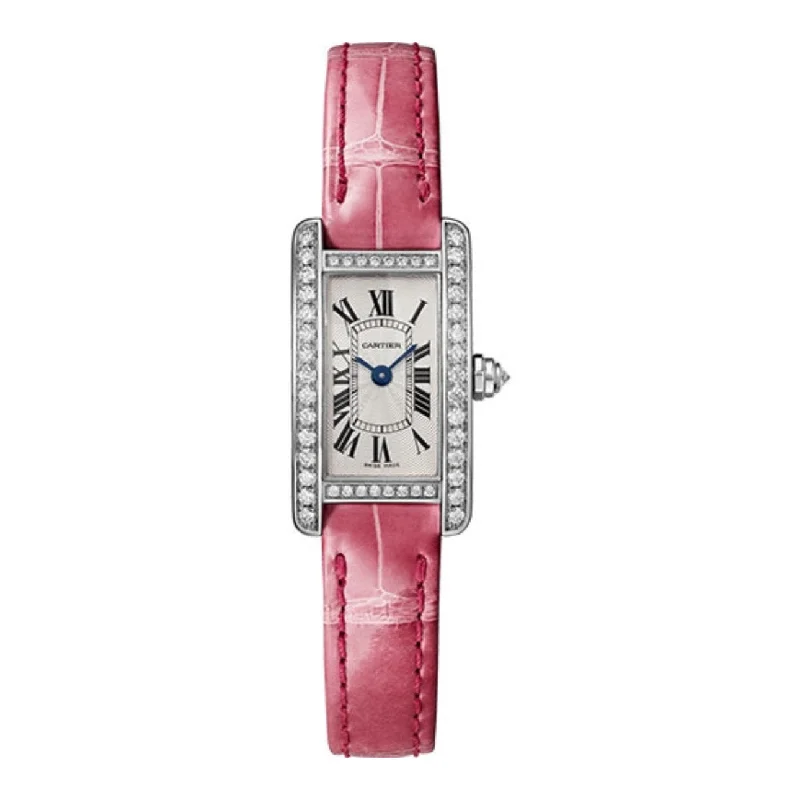 Cartier Tank Americaine 27mm Women's watch - Ref: WJTA0027 - Silver Roman Dial & Diamond Bezel in 18K White Gold Case, Pink Leather Strap playful tank top Cartier Tank Americaine 27mm Women's watch - Ref: WJTA0027 - Silver Roman Dial & Diamond Bezel in 18K White Gold Case, Pink Leather Strap playful tank top