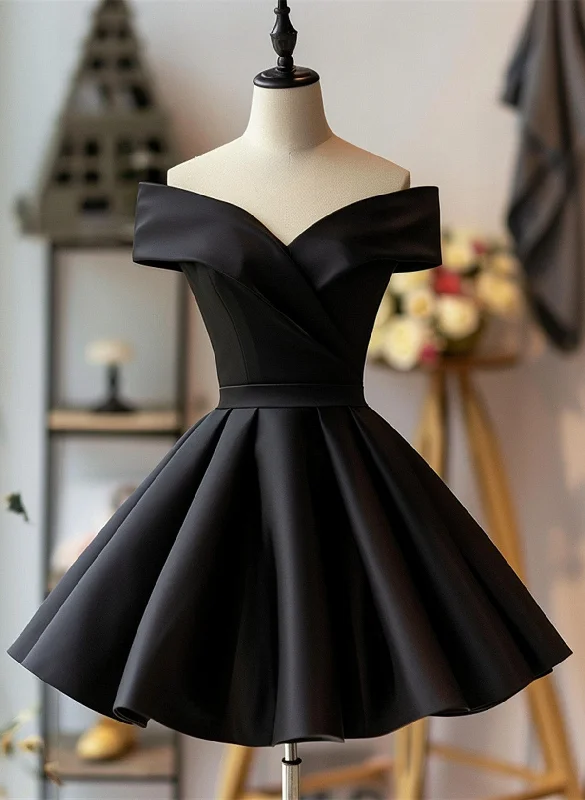 Black Satin Off Shoulder Knee Length Homecoming Dress, Black Party Dress Boat Neckline Classic Black Satin Off Shoulder Knee Length Homecoming Dress, Black Party Dress Boat Neckline Classic