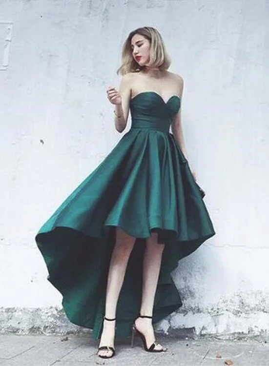 Dark Green High Low Homecoming Dress , Sweetheart Party Dress, Satin Fashionable Formal Dress Tunics Stylish elegant Dark Green High Low Homecoming Dress , Sweetheart Party Dress, Satin Fashionable Formal Dress Tunics Stylish elegant