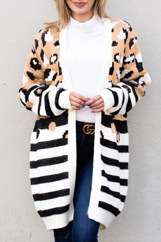 Striped Open Front Longline Cardigan Fitted Slim Tailored