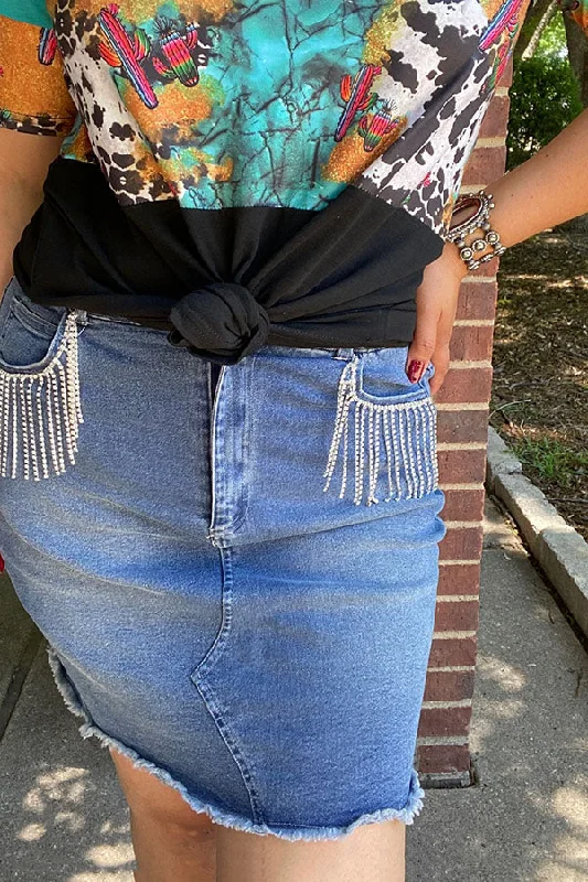 DLH14979 Denim blue women skirts with rhinestone fringe relaxed fit skirt