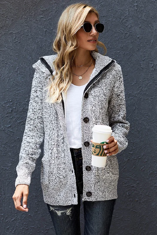 Cable-Knit Fleece Lining Button-Up Hooded Cardigan Mesh Blend Leather Blend Suede Blend