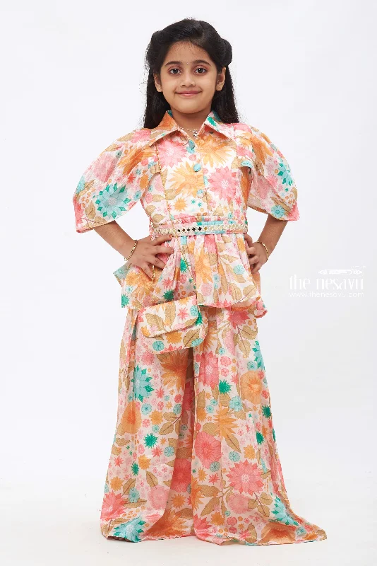 Floral Serenade: Girls Floral Printed Half white Top with Palazzo Pant Set Slim-Fit Khaki Pants Floral Serenade: Girls Floral Printed Half white Top with Palazzo Pant Set Slim-Fit Khaki Pants