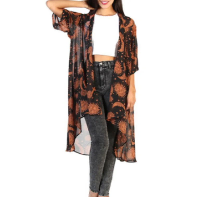 Star Moon Printed Thin Chiffon Cardigan Spandex Blend Rayon Blend Denim Blend
