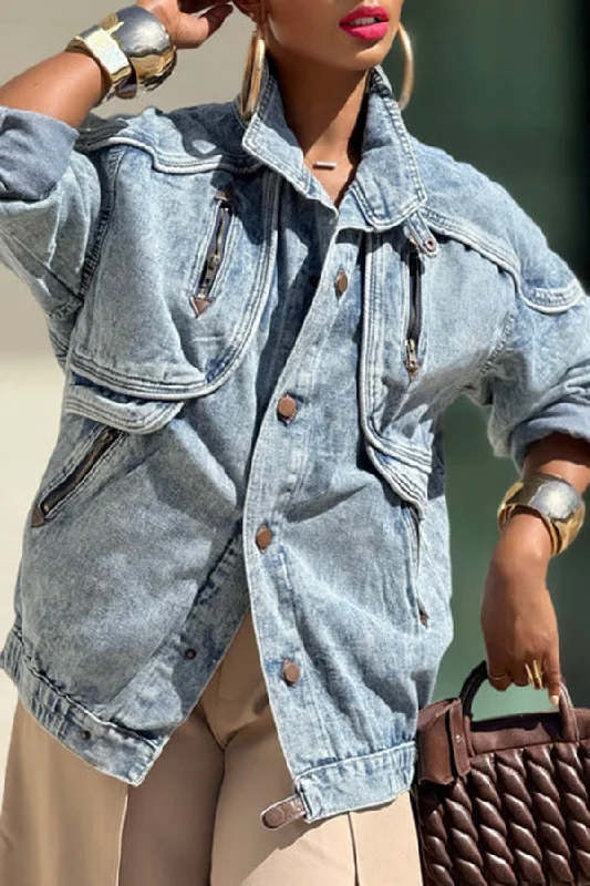 Chic Zipper Detail Bleach Washed Denim Jacket Tailored Jacket Straight Jacket A-Line Jacket Chic Zipper Detail Bleach Washed Denim Jacket Tailored Jacket Straight Jacket A-Line Jacket