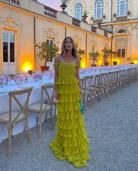Yellow A-Line Tiered Tulle Off-The-Shoulder Long Prom Party Dress,DP466 Tunics Recommended stylist