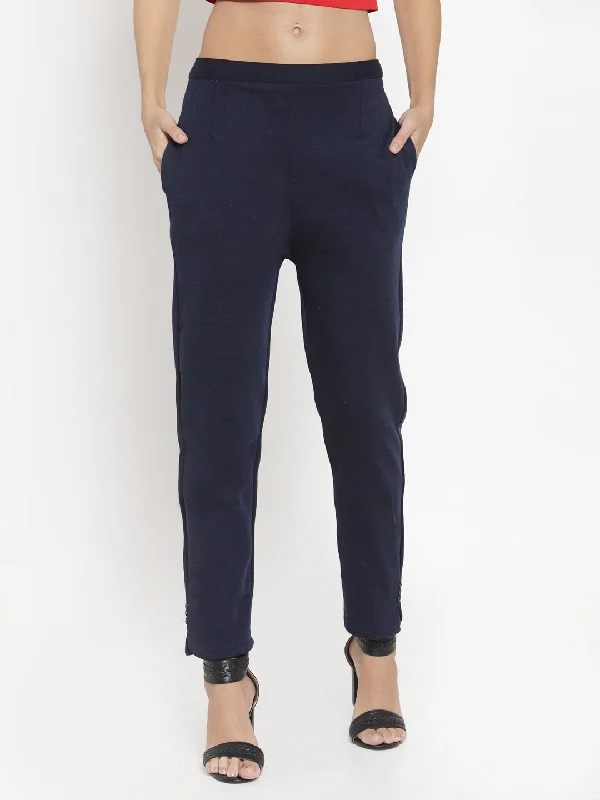 Women'S Navy Blue Woolen Pencil Pant - Creation Soft Cotton Pants